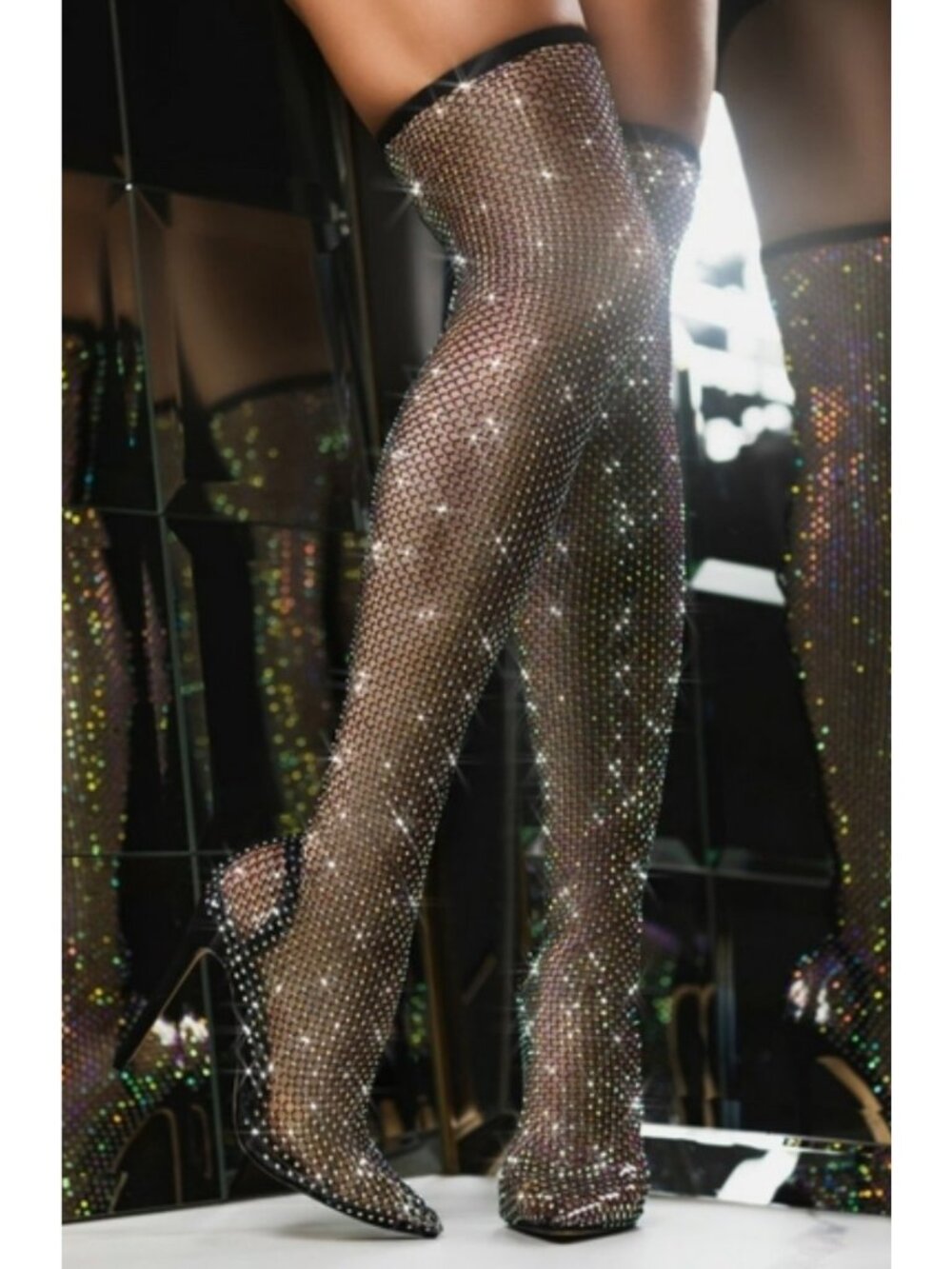 NIB Rhinestone Stretch Pointed Toe Over-The-Knee Stiletto Heels| Baddie Showgirl